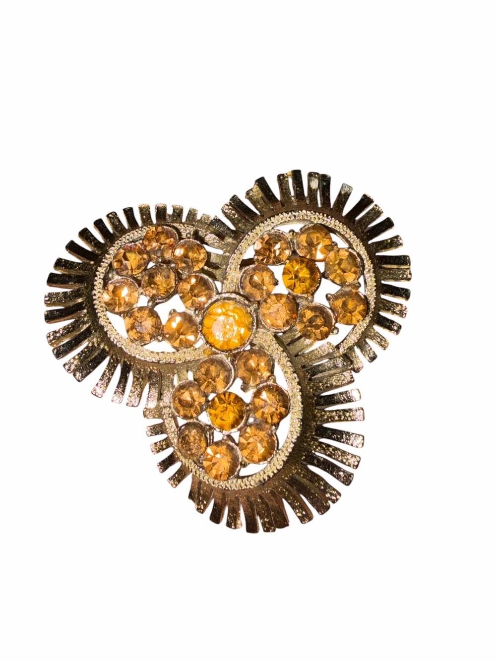 Vintage Coro Openwork Amber Rhinestone Triple-Lobe Fan Brooch Pin